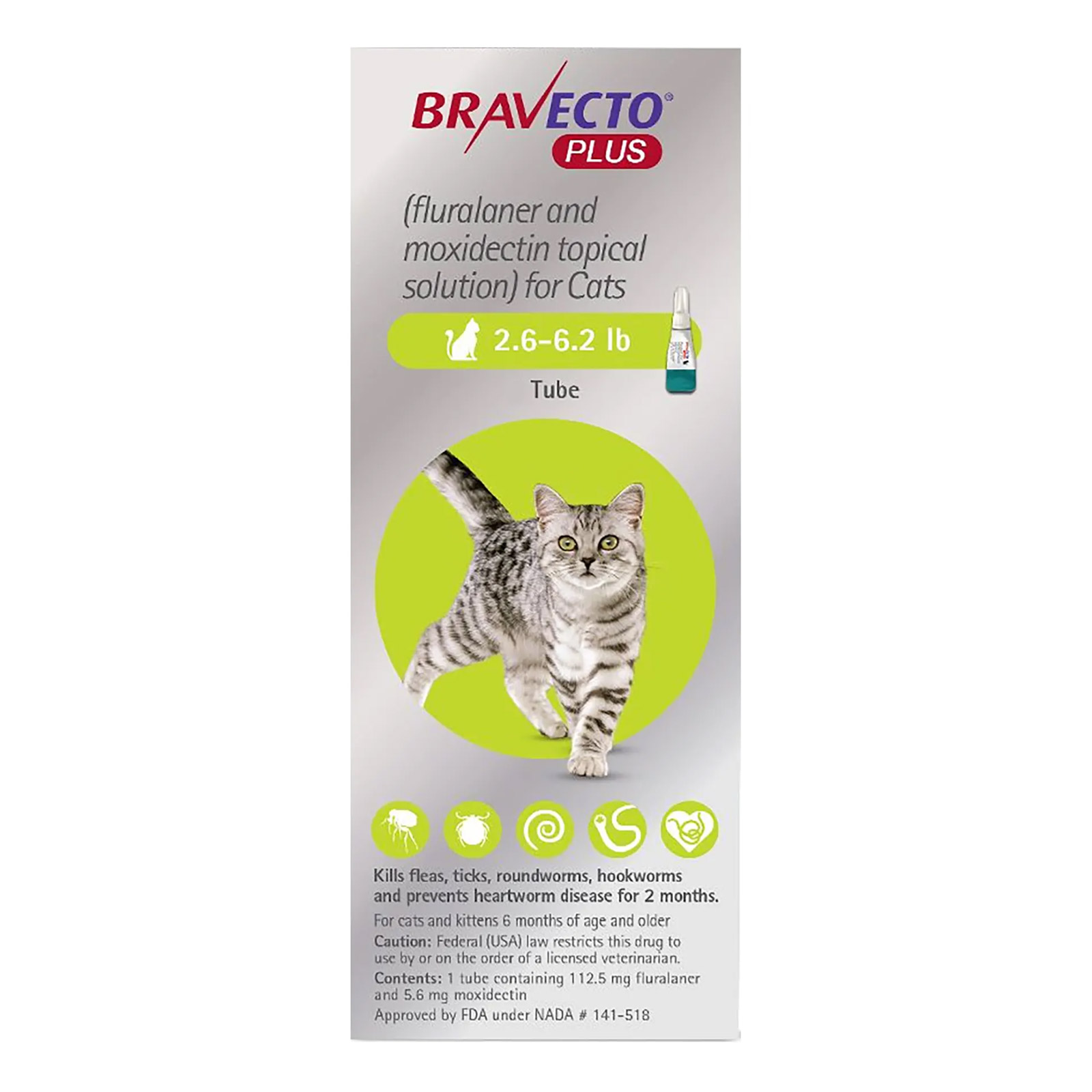 Bravecto Plus For Small Cats 112 Mg 2.6 To 6.2 Lbs Green 3 Doses