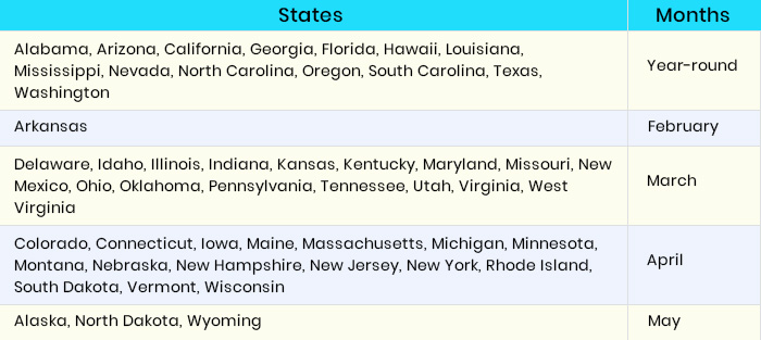 Table Showing Month wise names of the states where flea and tick season would fall in the year 2024