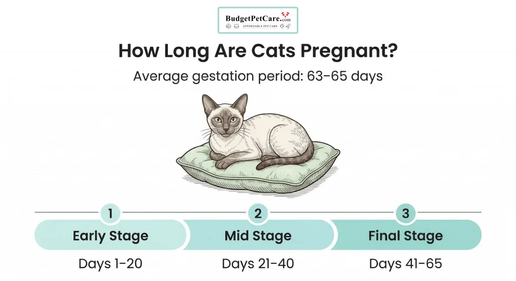 Infographic showing cat pregnancy timeline with stages and average gestation period of 63 to 65 days