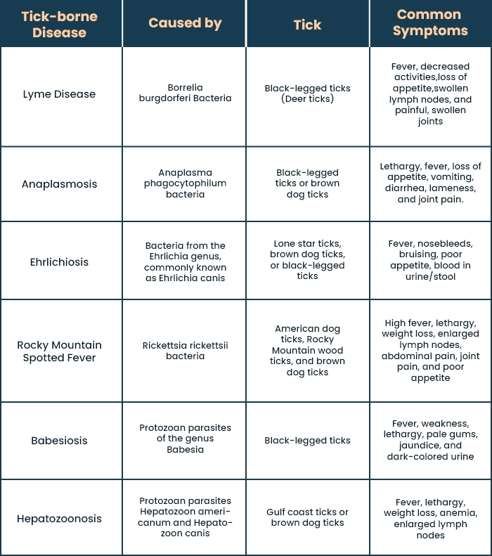 Table for the various tick-borne diseases and their causes.