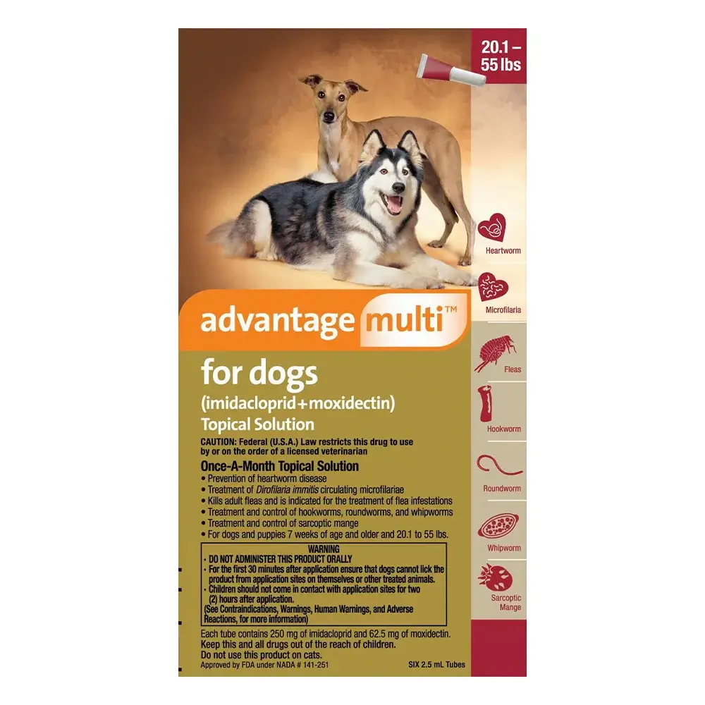 Advantage-multi advocate for dogs to prevent flea tick and heartworms.