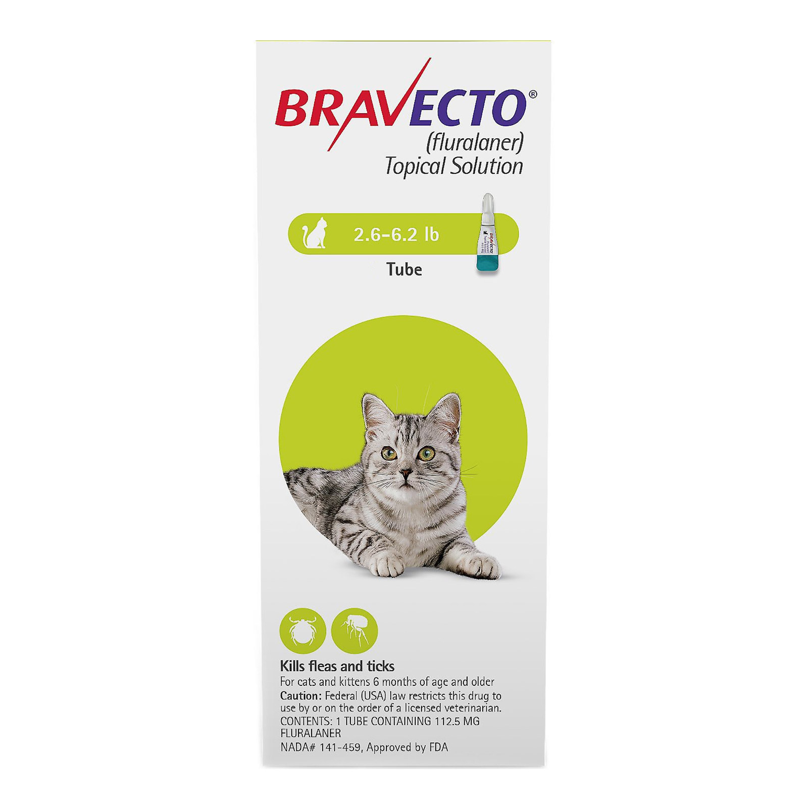 Bravecto Spot-On For Small Cats 2.6 Lbs - 6.2 Lbs (Green) 2 Pack
