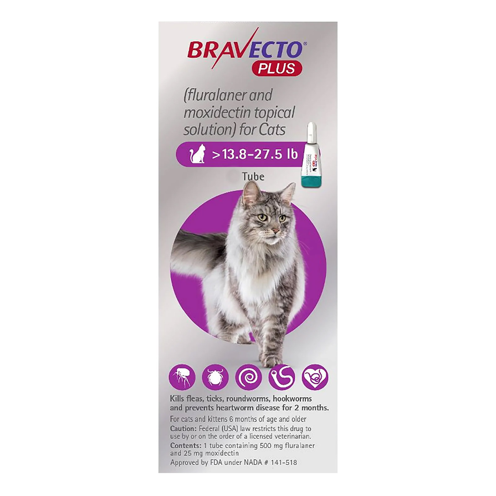 Bravecto Plus For Large Cats 500 Mg (13.75 To 27.5 Lbs) Purple 3 Doses
