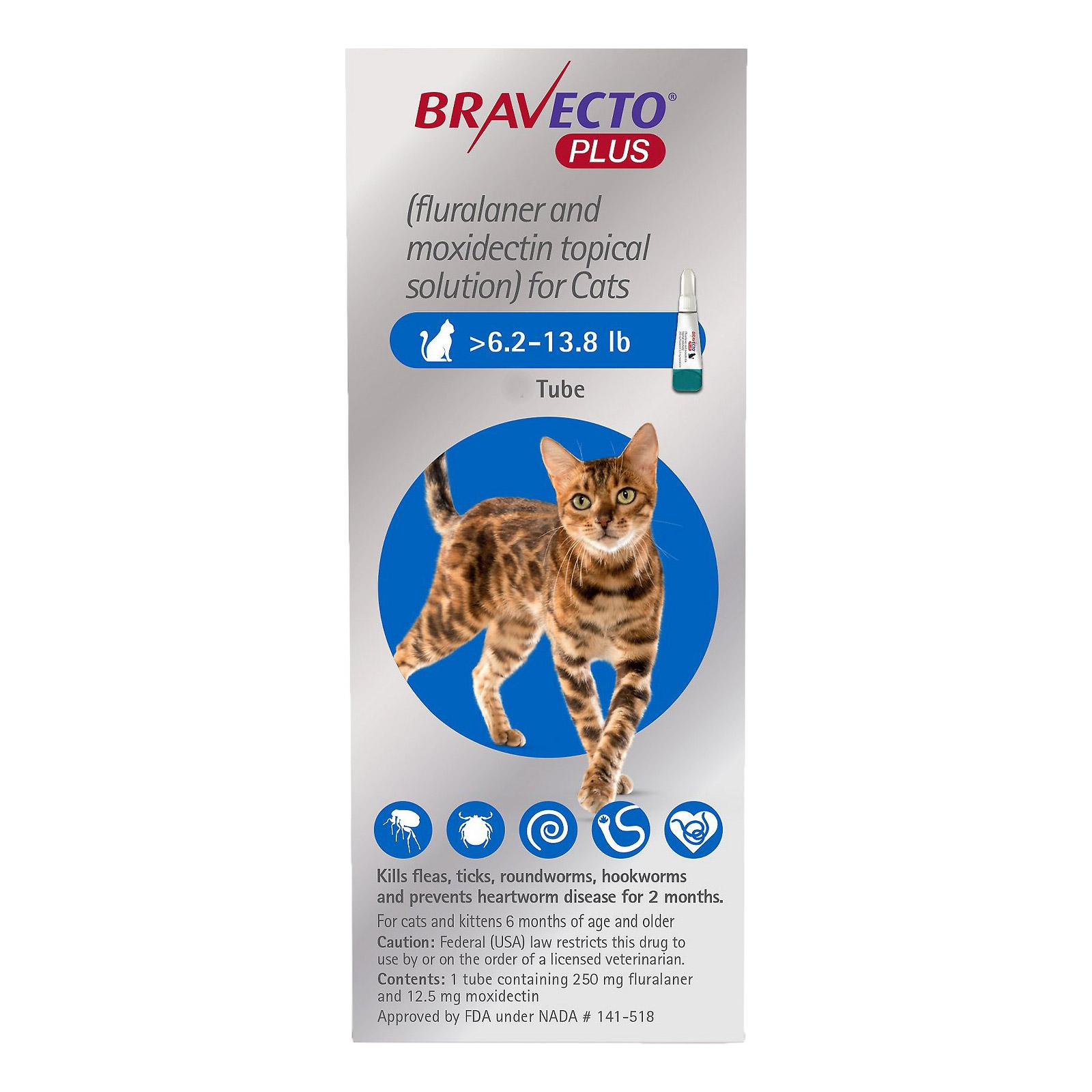 Bravecto Plus For Medium Cats 250 Mg (6.2 To 13.75 Lbs) Blue 2 Doses
