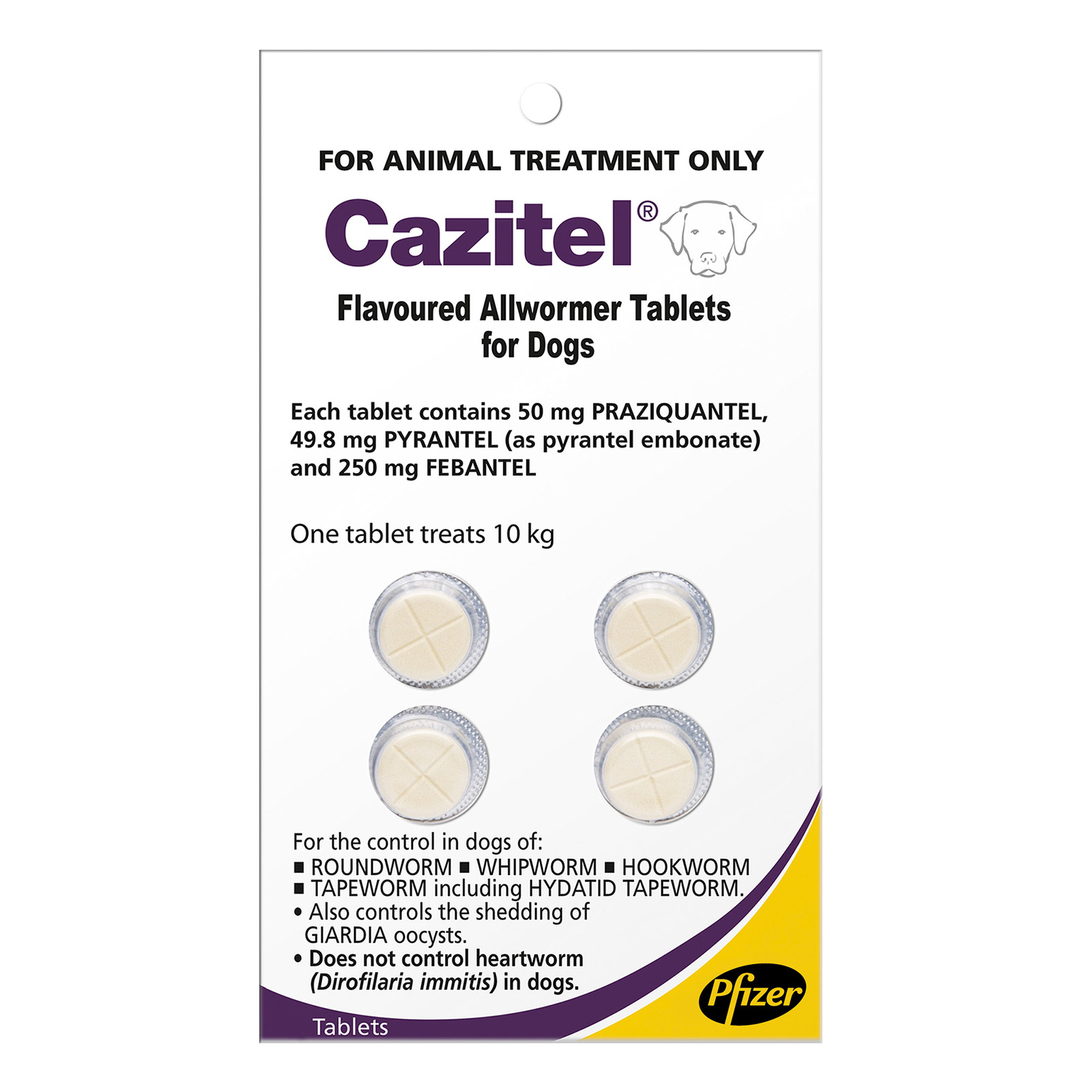 Cazitel Flavoured Allwormer For Dogs 10kg (Purple) - 22lbs 4 Tablets
