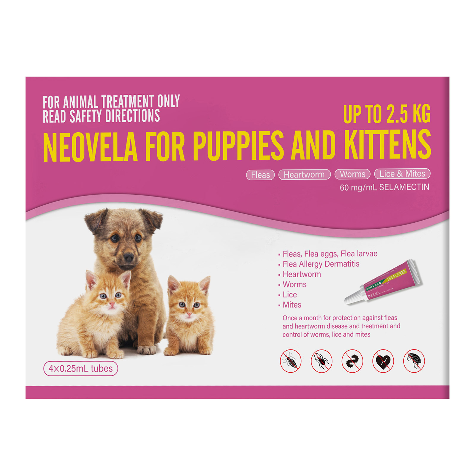 Neovela (Selamectin) Spot-On For Puppies And Kittens Upto 5.5lbs (Pink) 4 Pipettes
