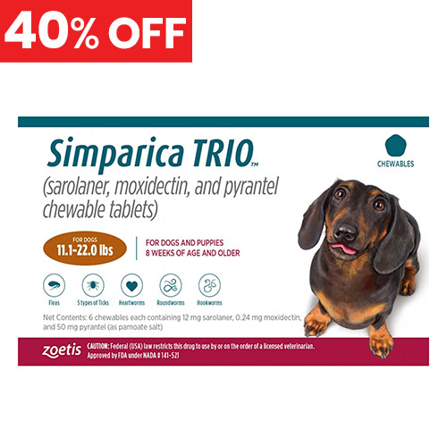 40% Off Simparica Trio For Dogs 11.1-22 Lbs (Caramel) 6 Chews
