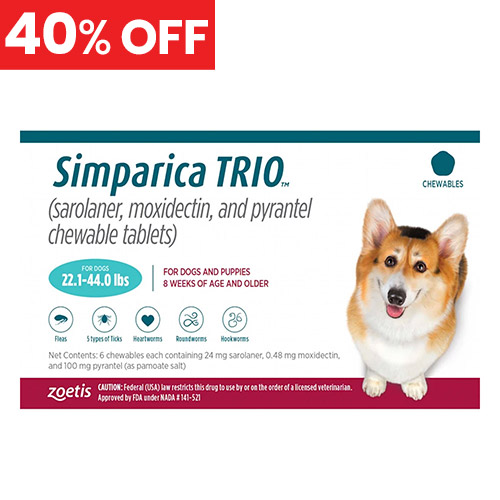 40% Off Simparica Trio For Dogs 22.1-44 Lbs (Teal) 6 Chews
