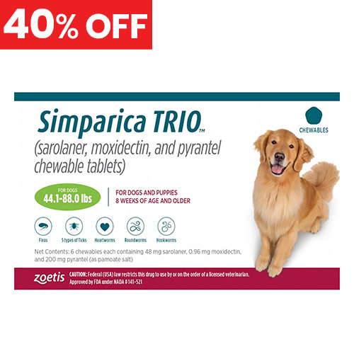 40% Off Simparica Trio For Dogs 44.1-88 Lbs (Green) 6 Chews
