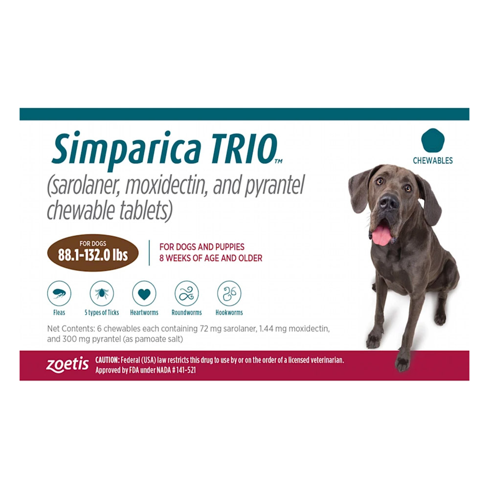 Simparica Trio For Dogs 88.1-132 Lbs Brown 6 Chews