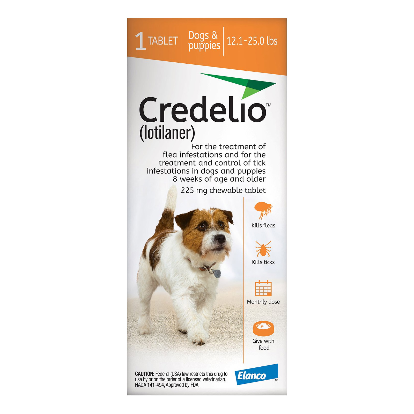 Credelio For Dogs 12 To 25 Lbs (225mg) Orange 12 Doses
