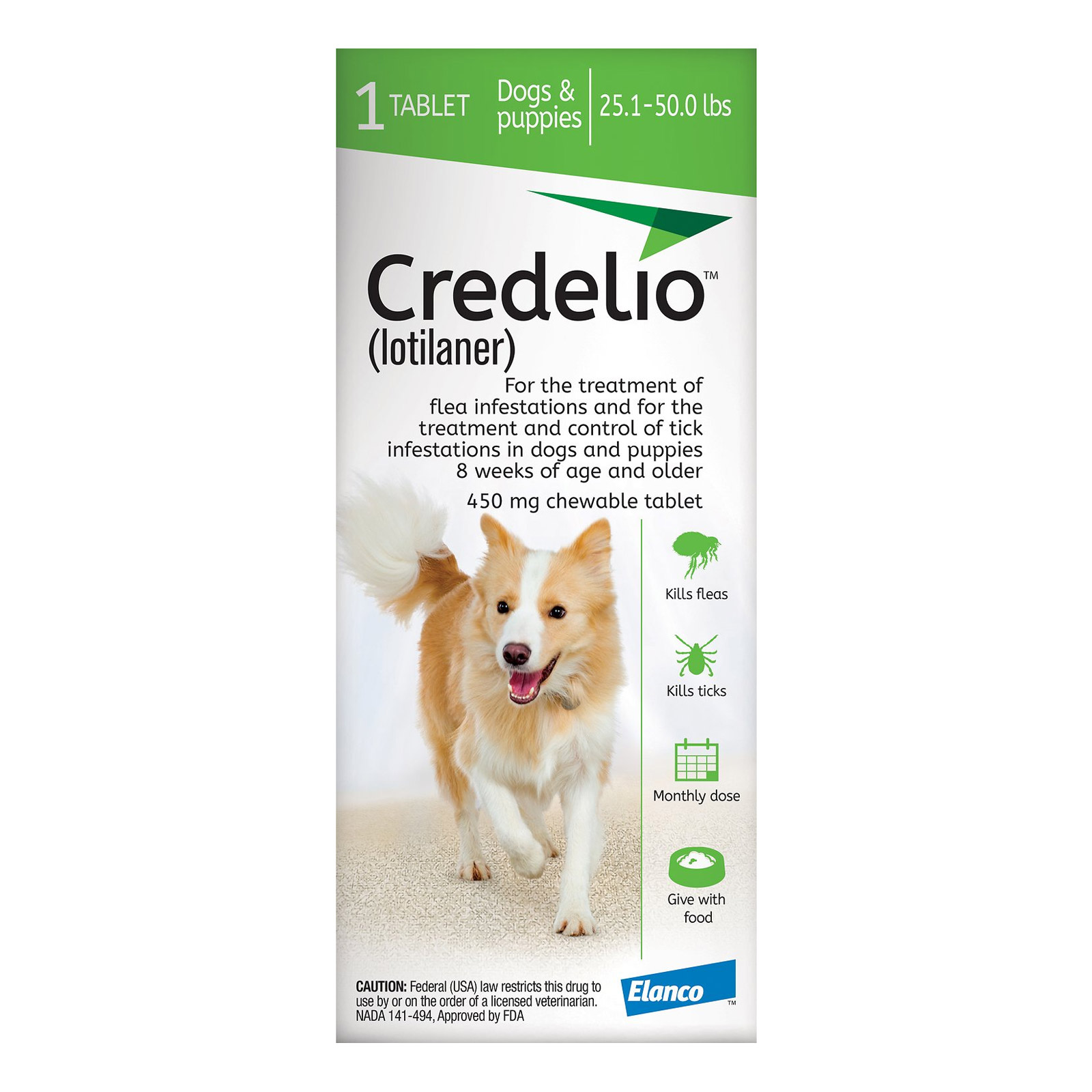 "Credelio For Dogs 25 To 50 Lbs (450mg) Green 6 Doses"