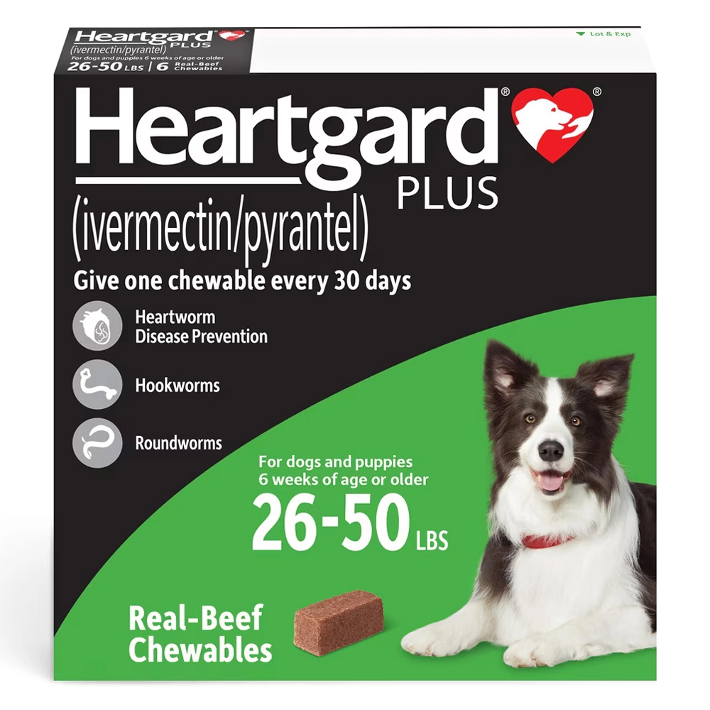 Heartgard Plus Chewables For Medium Dogs 26-50lbs (Green) 6 Doses (Exp: Aug-2026)