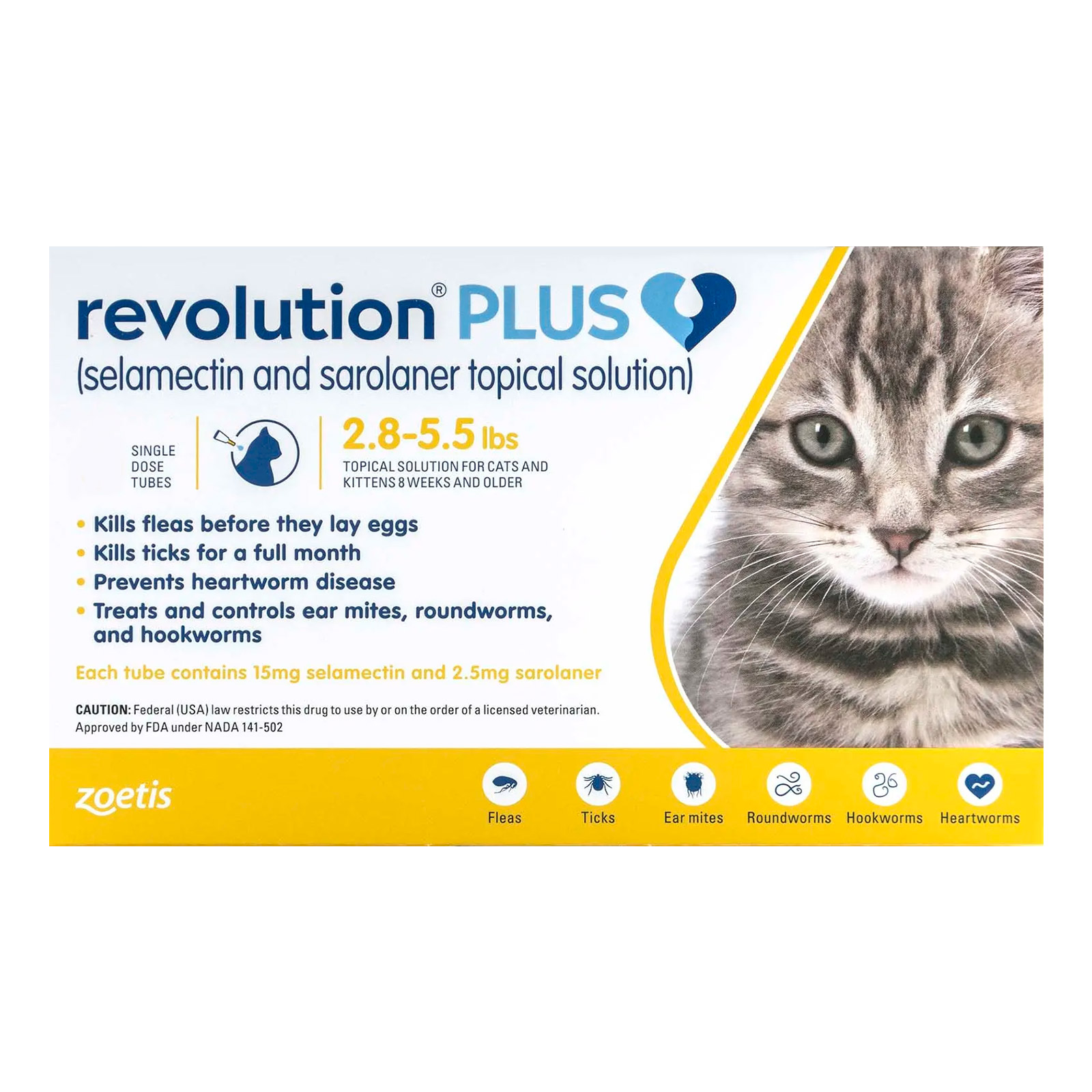Revolution Plus For Kittens And Small Cats 2.8-5.5lbs 1.25-2.5kg Yellow 3 Pack