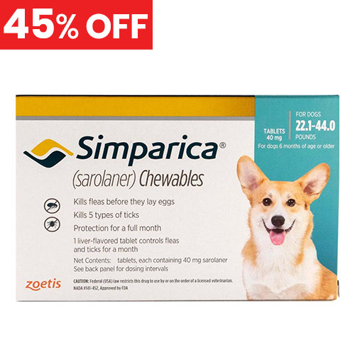 45% Off Simparica For Dogs 22.1-44 Lbs (Blue) 6 Doses
