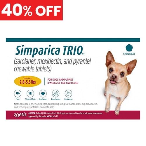 40% Off Simparica Trio For Dogs 2.8-5.5 Lbs (Gold) 6 Chews
